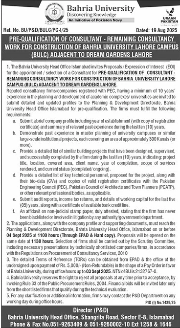 Bahria University Islamabad Tender Notice